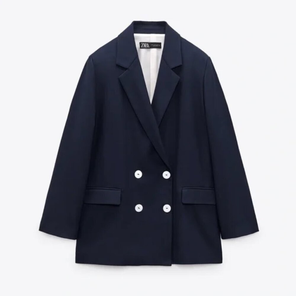 ZARA NAVY BLUE DOUBLE BREASTED LONG MINIMALIST BLAZER JACKET Medium